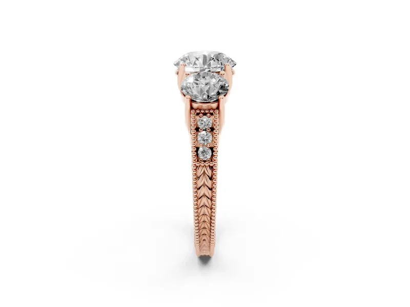 Round Vintage Three Stone Engagement Ring Setting | Milgrain Pavé Band | Rose Gold