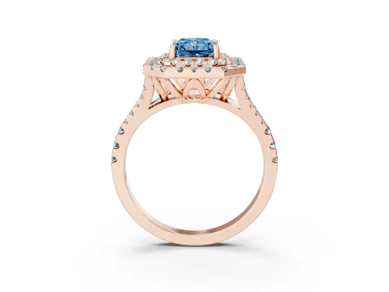 Radiant Cut Halo Split Shank Engagement Ring Setting for a Fancy Blue Lab-Grown Diamond | Pavé Strands | Rose Gold