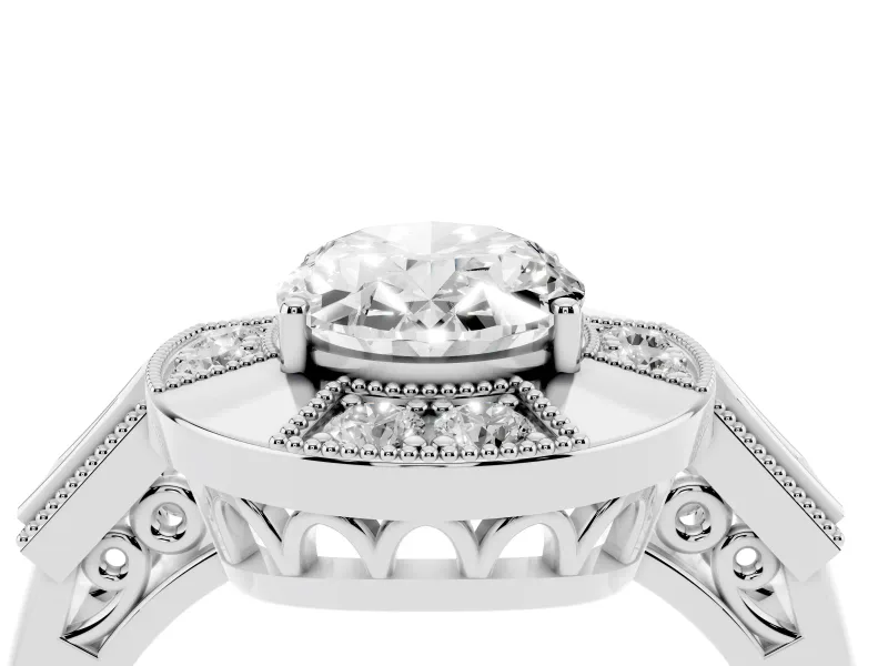 Oval Cut Diamond Milgrain Halo Ring Set in Silver with Split Shank