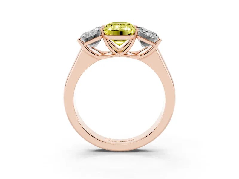 Emerald Cut Three Stone Engagement Ring Setting for a Fancy Yellow Lab-Grown Diamond | Basket Prong Heads | Rose Gold