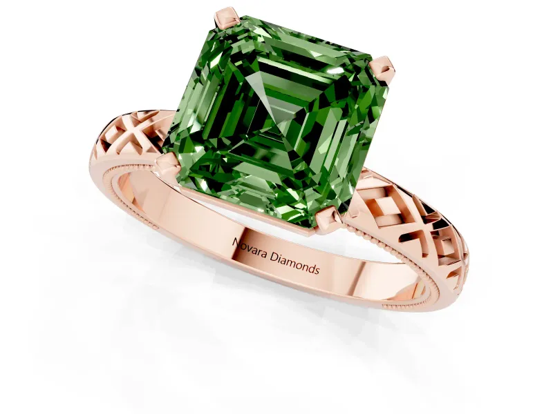 Fancy Green Asscher Cut Diamond Solitaire Ring Set in Rose gold with Milgrain and Black Enamel X Pattern Band