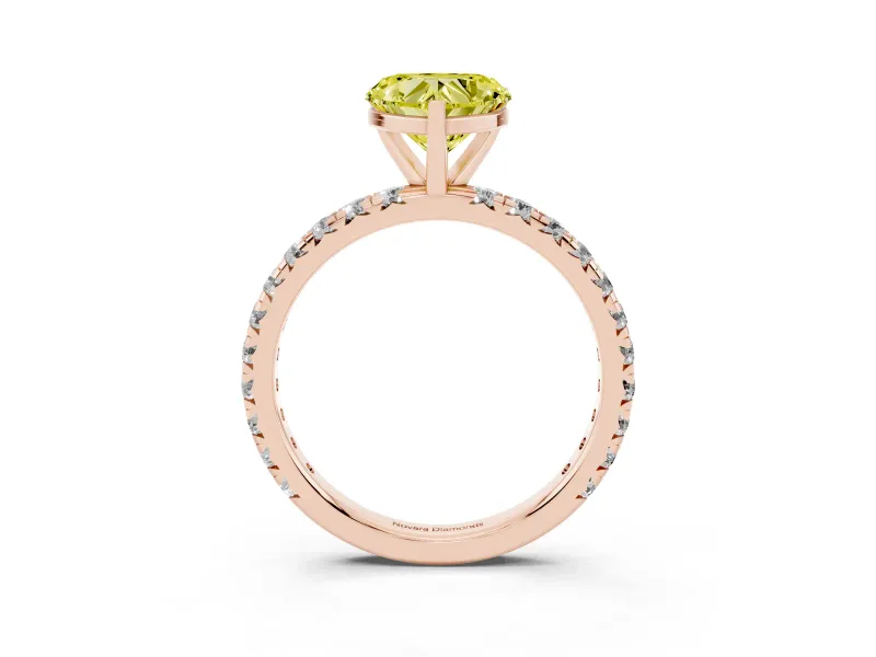 Fancy Yellow Heart Cut Diamond Pavé Solitaire Ring Set in Rose gold with Round Band and Prong Setting