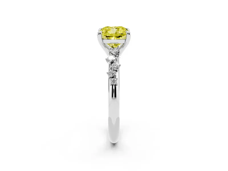 Fancy Yellow Cushion Cut Diamond Solitaire Vine Band Ring Set in White gold with Round Accents and Prong Setting