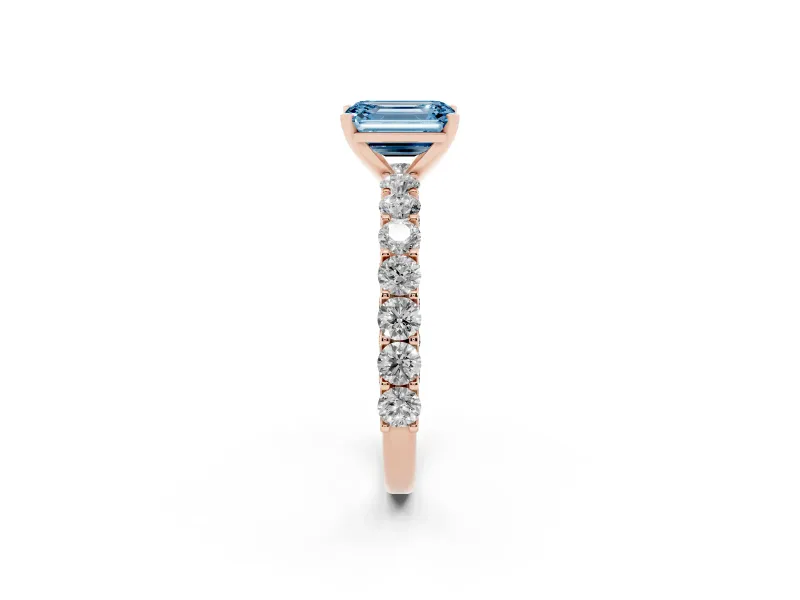 Emerald Cut Shared Prong Engagement Ring Setting for a Fancy Blue Lab-Grown Diamond | Rose Gold