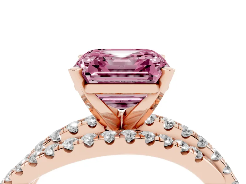 Fancy Pink Asscher Cut Diamond Solitaire Twist Band Ring Set in Rose gold with Pavé Setting and Prong Head