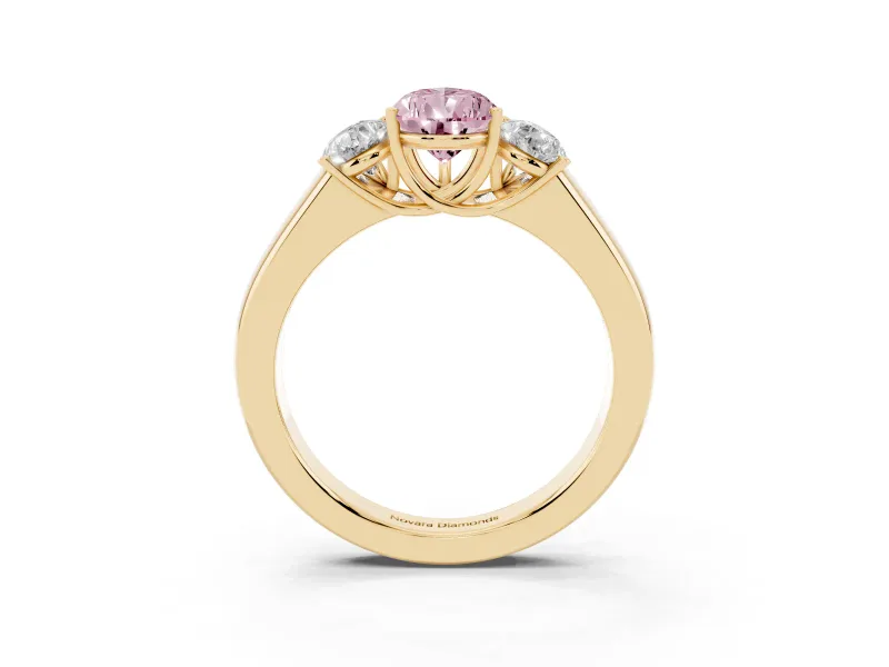 Fancy Pink Three-Stone Pear Cut Diamond Ring Set in Yellow gold with Matching Prong Settings and Plain Band