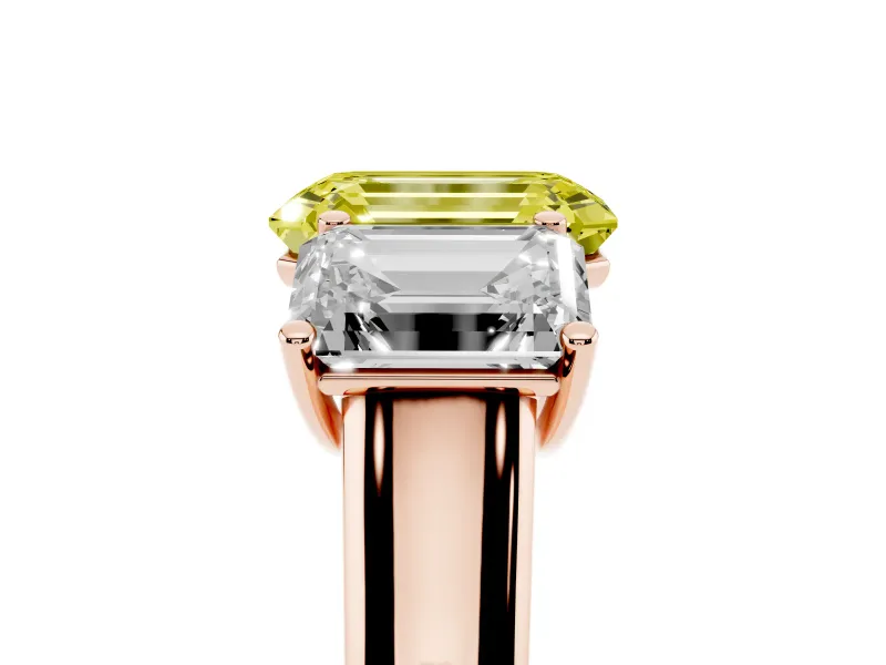 Emerald Cut Three Stone Engagement Ring Setting for a Fancy Yellow Lab-Grown Diamond | Basket Prong Heads | Rose Gold