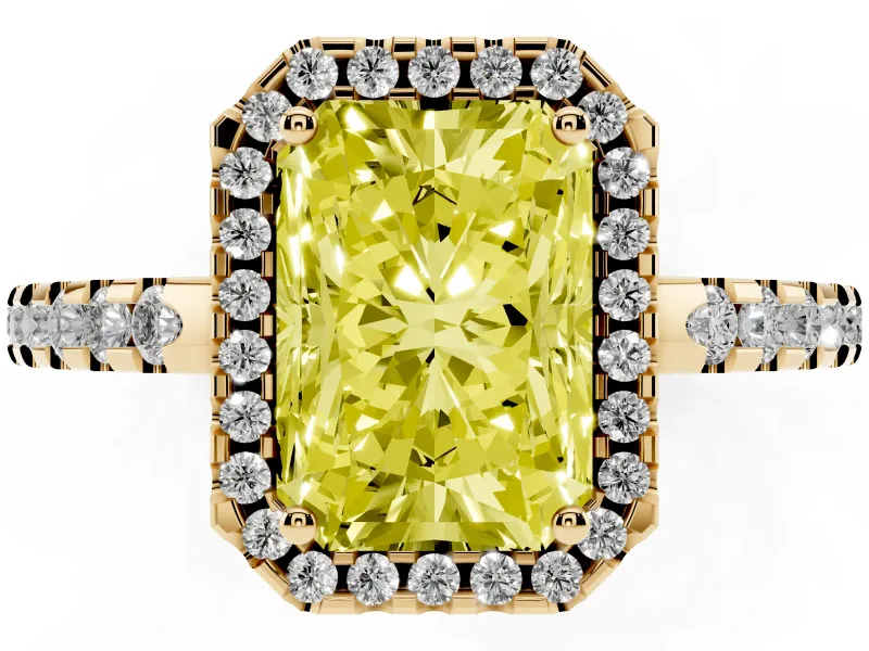 Radiant Cut Pave Halo Engagement Ring Setting for a Fancy Yellow Lab-Grown Diamond | Yellow Gold