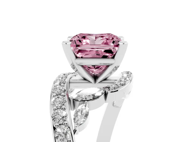 Fancy Pink Princess Cut Diamond Solitaire Ring Set in Platinum with Pavé Twist Band and Secure Prong Setting