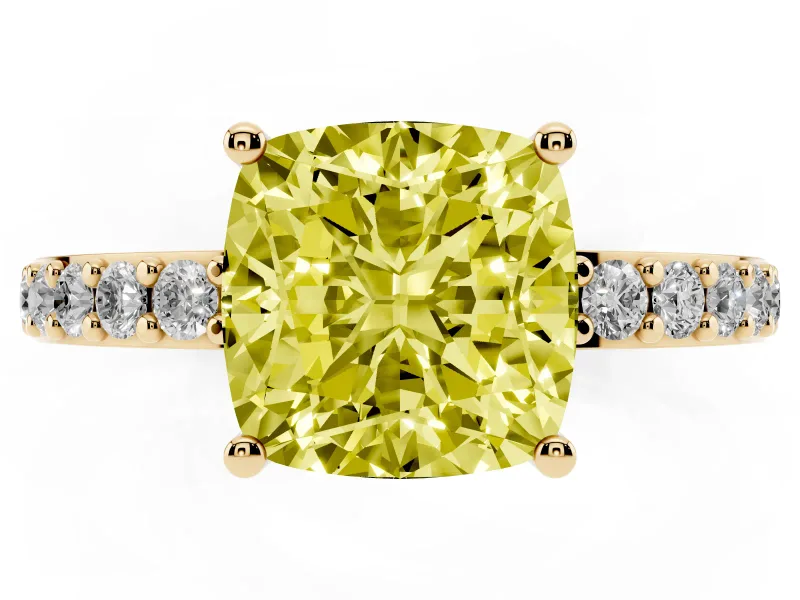 Fancy Yellow Cushion Cut Diamond Solitaire Set in Yellow gold with Round Pavé Band and Prong Setting