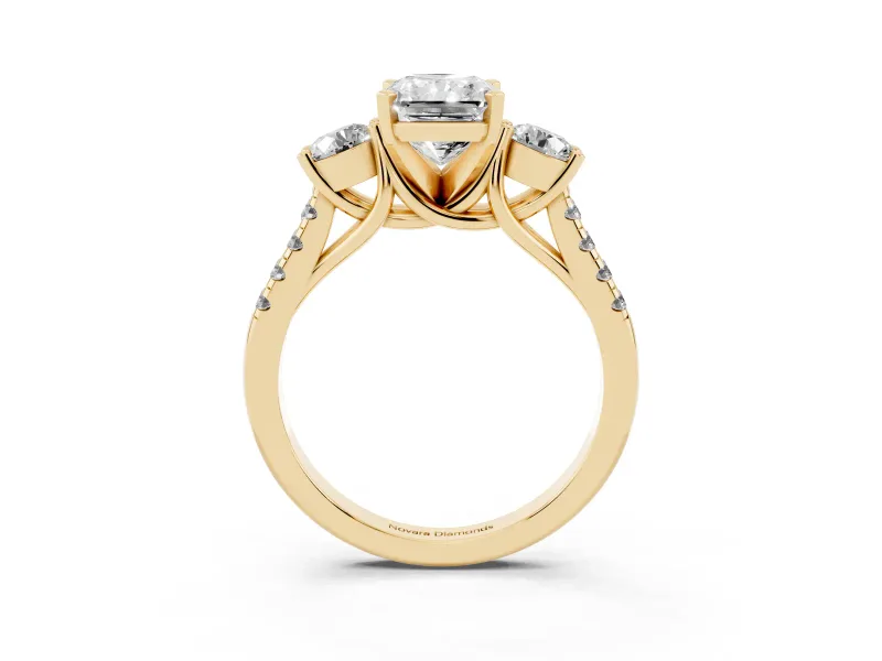 Three-Stone Radiant Cut Diamond Pavé Band Ring Set in Yellow gold with Prong-Set Trio