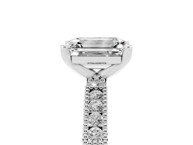 Emerald Cut Diamond Solitaire Ring Set in Silver with Slim Pavé Band and Prong Setting