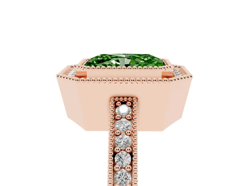 Fancy Green Radiant Cut Diamond Halo Engagement Ring Set in Rose gold with Pavé Band and Round Halo Stones