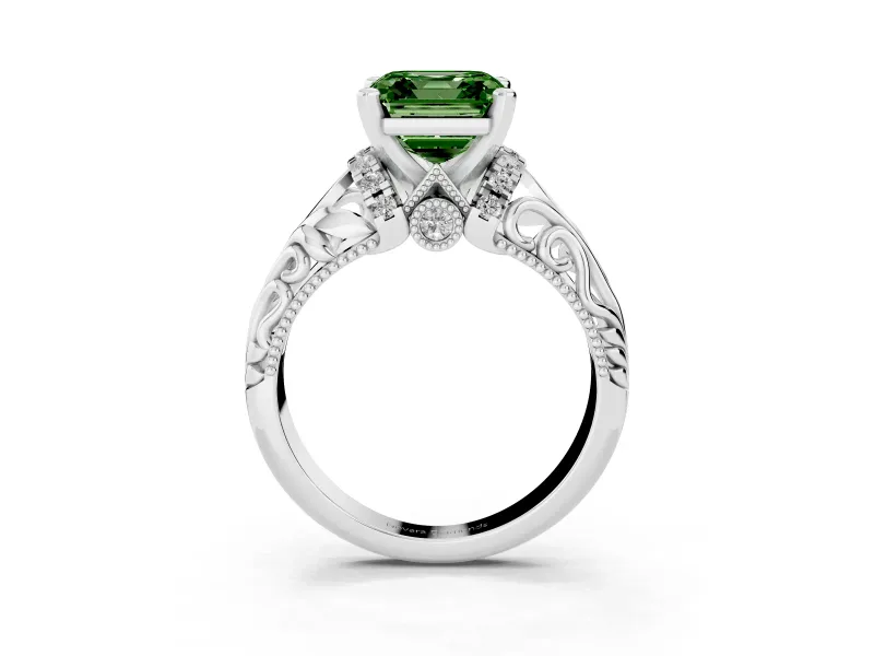 Fancy Green Asscher Cut Diamond Filigree Halo Engagement Ring Set in White gold with Prong Setting