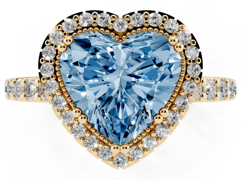 Fancy Blue Heart Cut Diamond Halo Engagement Ring Set in Yellow gold with Milgrain Detail and Pavé Band