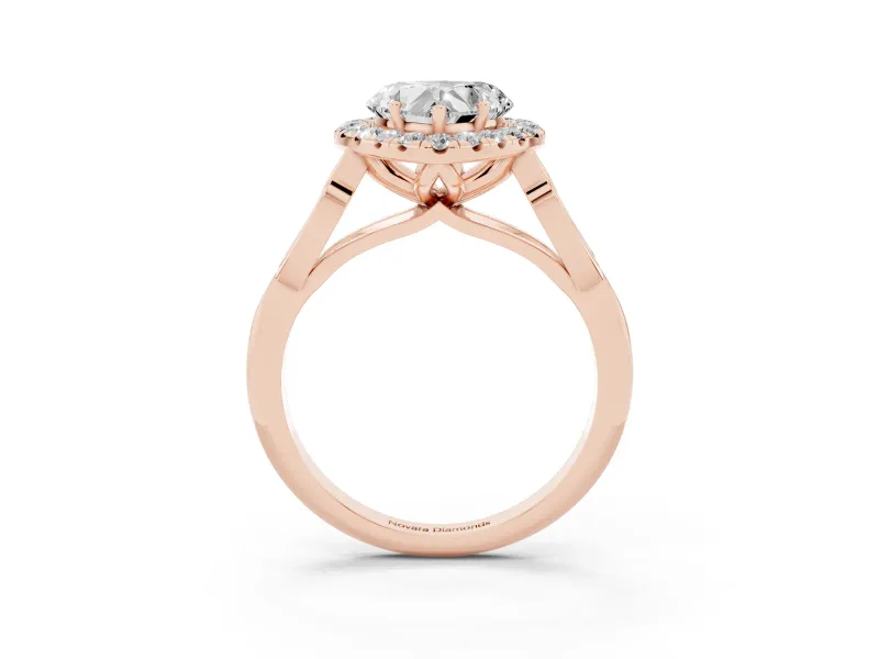 Heart Cut Diamond Halo Engagement Ring Set in Rose gold with Filigree Band and Prong-Set Center
