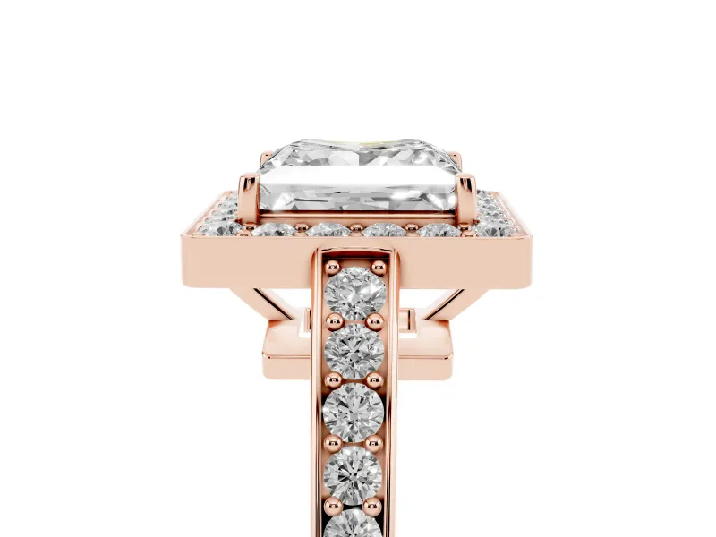 Princess Cut Diamond Halo Pavé Engagement Ring Set in Rose gold with Bezel Setting