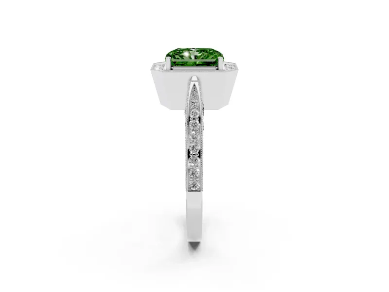Radiant Cut Milgrain Halo Engagement Ring Setting for a Fancy Green Lab-Grown Diamond | Side Stones | White Gold