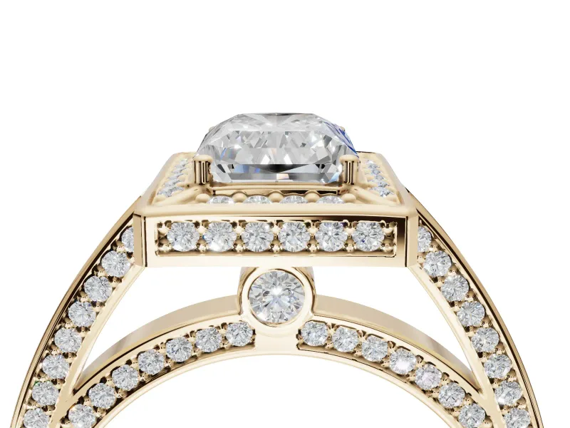 Radiant Cut Sectioned Halo Engagement Ring Setting | Pavé Gallery and Band | Yellow Gold