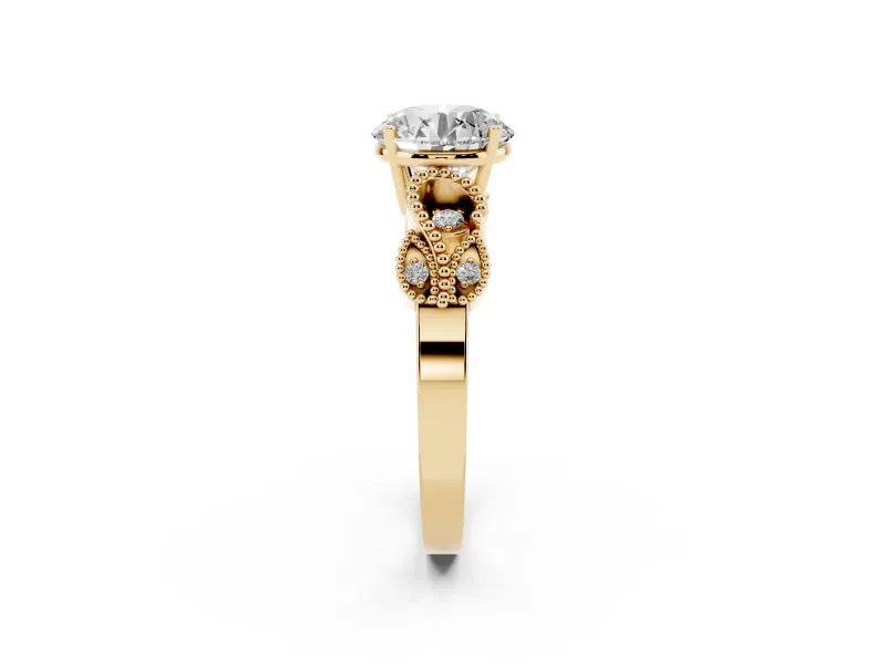 Round Cut Diamond Milgrain Leaf Band Solitaire Ring Set in Yellow gold with Accent Stones and Prong Setting