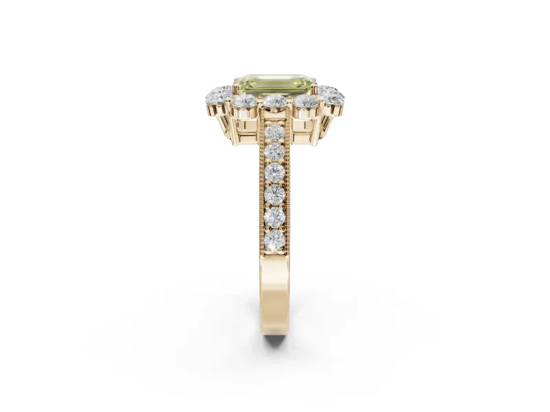 Emerald Cut Vintage Halo Engagement Ring Setting for a Fancy Yellow Lab-Grown Diamond | Yellow Gold