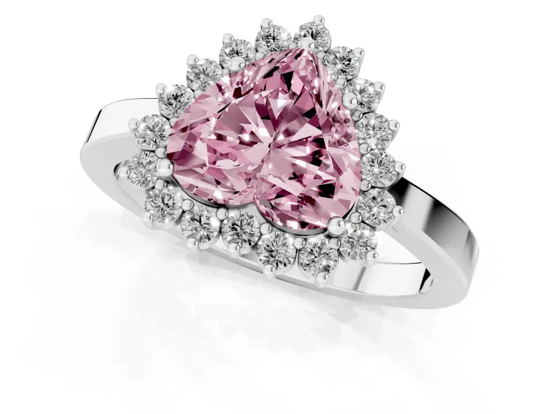 Fancy Pink Heart Cut Diamond Halo Ring Set in Silver with Round Halo and Smooth Solitaire Band