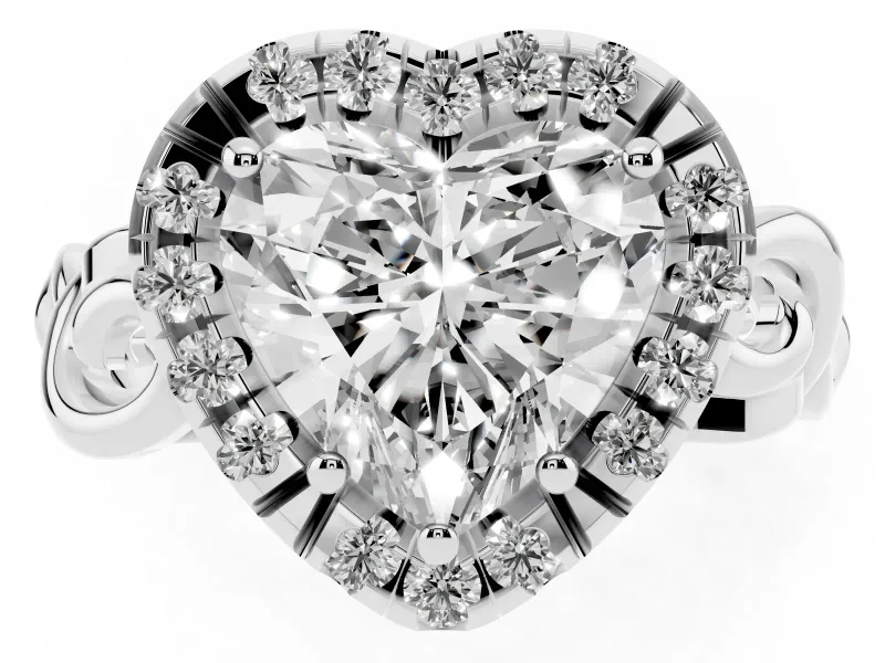 Heart Cut Diamond Halo Ring Set in Platinum with Scrollwork Band and Prong Setting