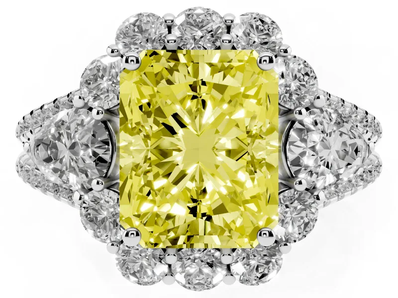Fancy Yellow Radiant Cut Diamond Halo Split Shank Engagement Ring Set in Silver with Prong-Held Center Stone