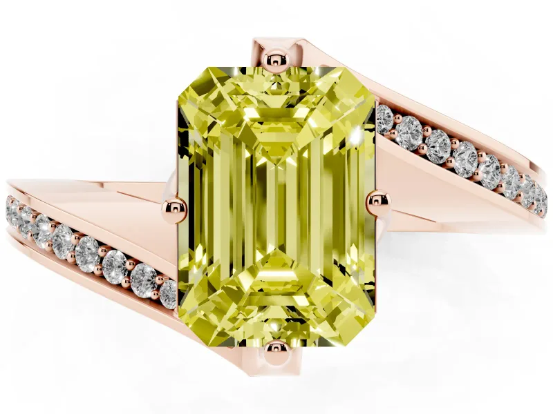 Emerald Cut Bypass Pavé Solitaire Engagement Ring Setting for a Fancy Yellow Lab-Grown Diamond | Angled Head | Rose Gold