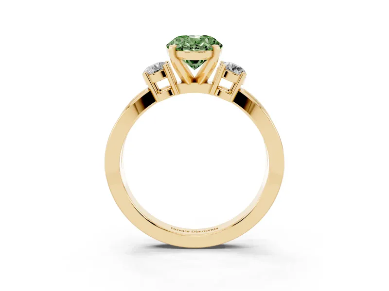 Fancy Green Three-Stone Oval Cut Diamond Twist Band Ring Set in Yellow gold with Pavé Accents and Prong Setting