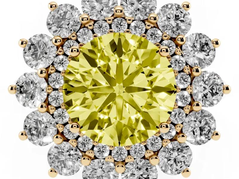 Round Floral Double Halo Engagement Ring Setting for a Fancy Yellow Lab-Grown Diamond | Plain Band | Yellow Gold