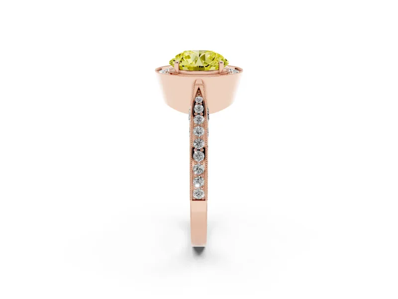 Round Milgrain Halo Engagement Ring Setting for a Fancy Yellow Lab-Grown Diamond | Side Stones | Rose Gold