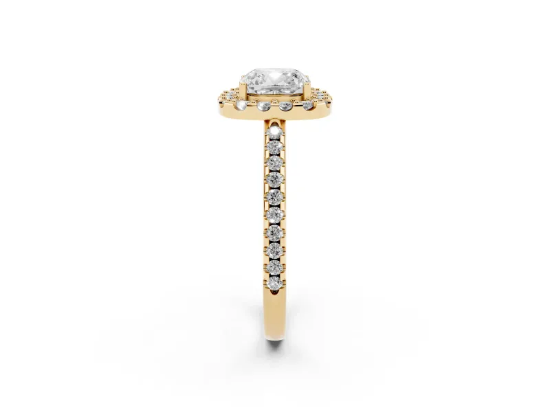 Cushion Cut Pave Halo Engagement Ring Setting | Pave Band | Yellow Gold