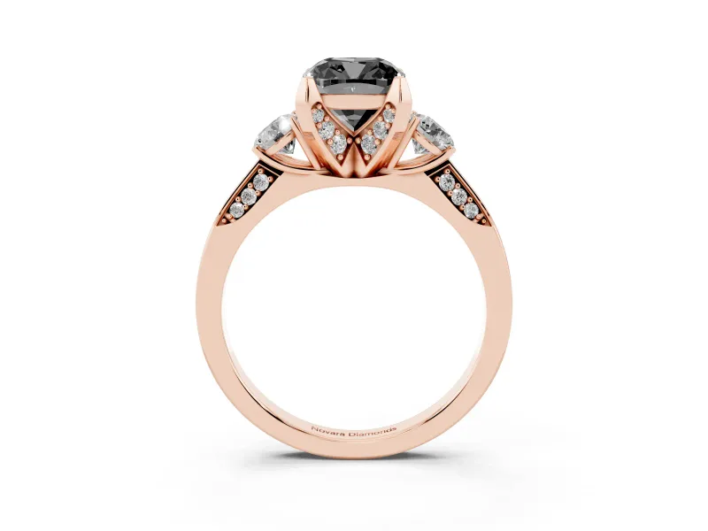 Cushion Cut Hidden Halo Three Stone Engagement Ring Setting for a Black Center | Rose Gold