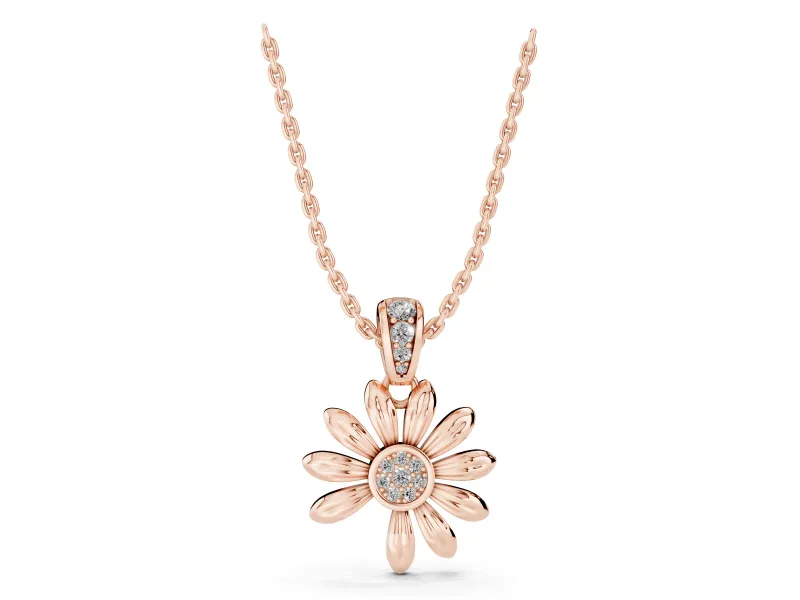 Round Lab-Grown Diamond Daisy Flower Pendant Necklace | Graduated Stone Bail | Rose Gold