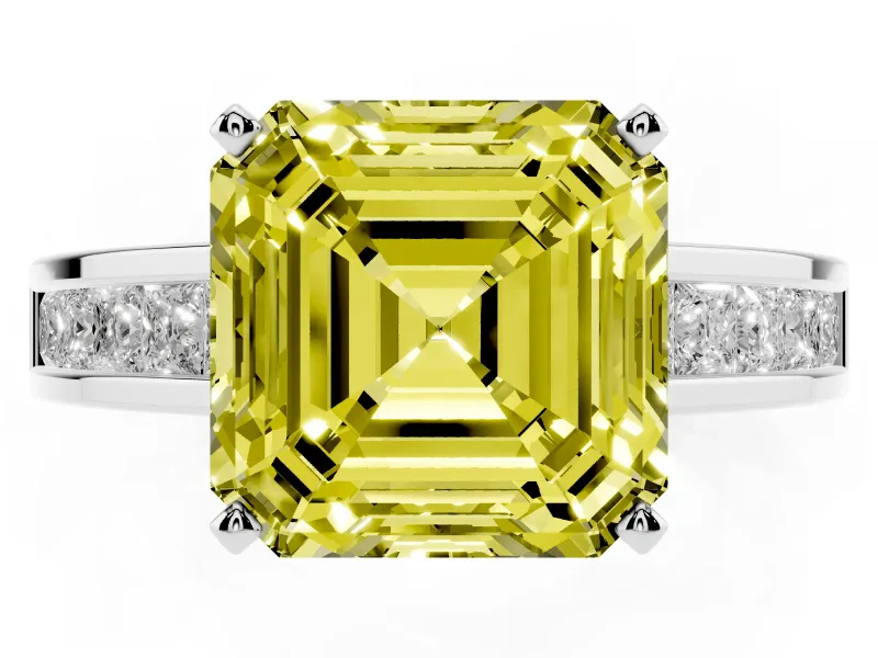 Fancy Yellow Asscher Cut Diamond Solitaire Ring Set in Silver with Channel-Set Band and Prong Setting