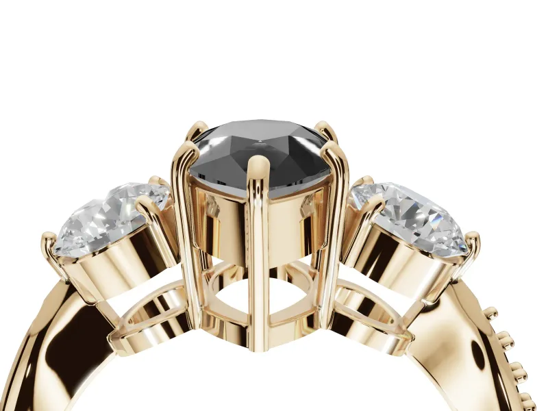 Fancy Black Pear-Shaped Lab-Grown Diamond Three-Stone Ring Set in Yellow Gold with Channel-Set Band and Prong Setting