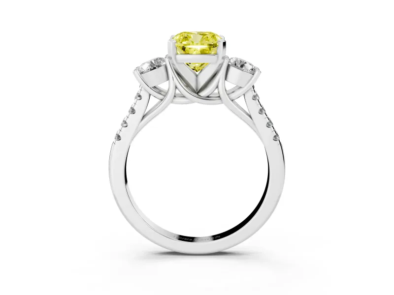 Fancy Yellow Three-Stone Cushion Cut Diamond Pavé Band Ring Set in White gold with Prong-Set Trio