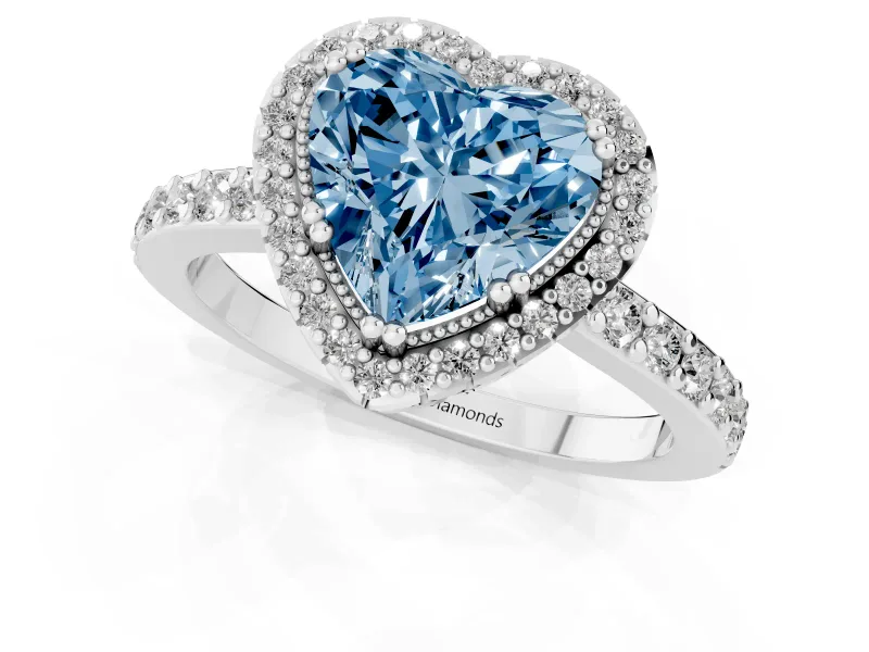 Fancy Blue Heart Cut Diamond Halo Engagement Ring Set in Platinum with Milgrain Detail and Pavé Band