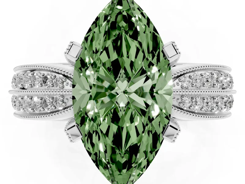 Fancy Green Marquise Cut Diamond Solitaire Ring Set in Silver with Milgrain Double Row Round Pavé Band