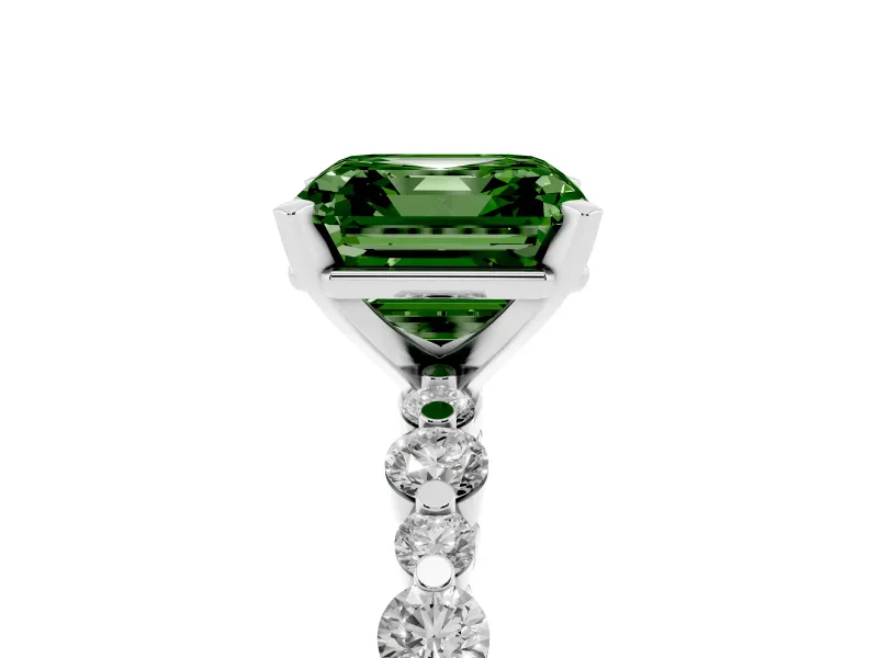 Fancy Green Asscher Cut Diamond Prong Set Engagement Ring Set in White gold with Round Accent Pavé Band