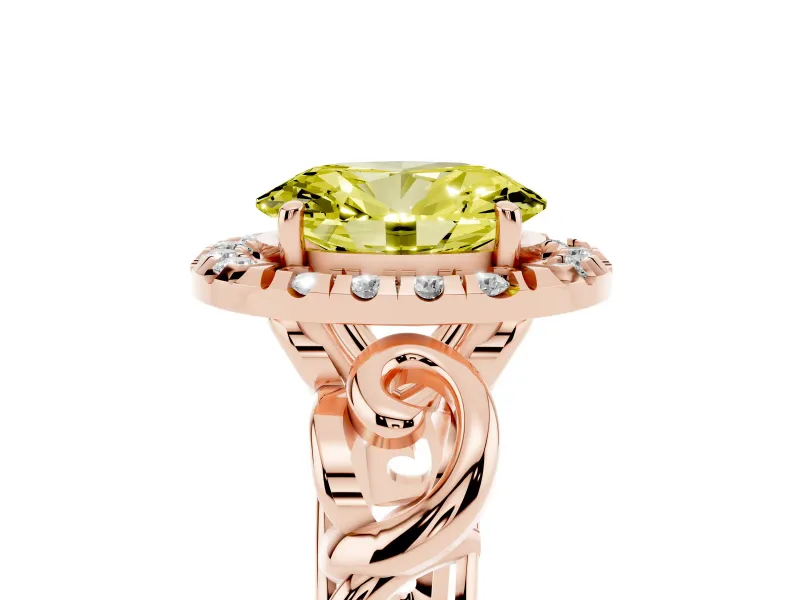 Fancy Yellow Oval Cut Diamond Halo Ring Set in Rose gold with Scrollwork Band and Prong Setting