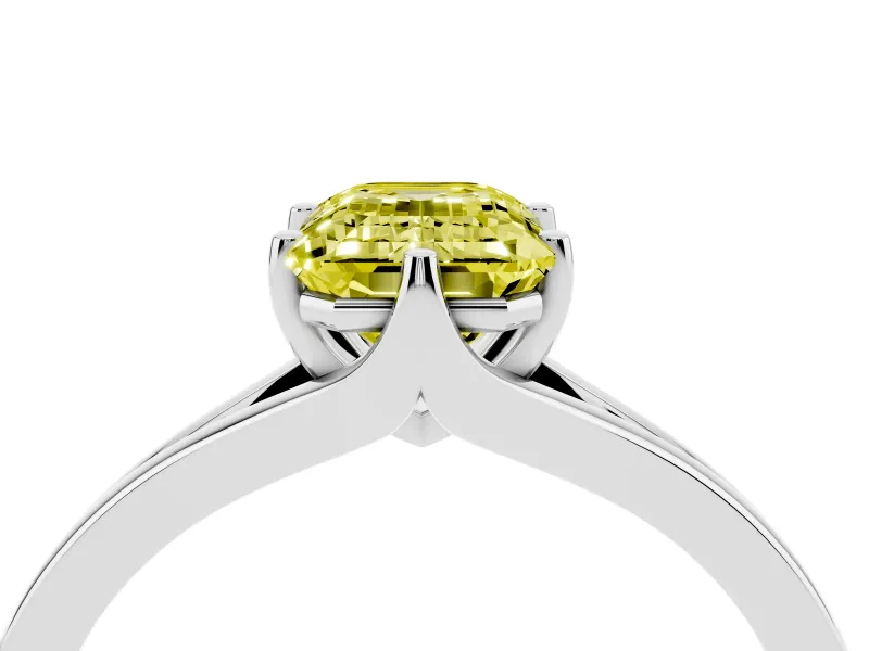 Fancy Yellow Emerald Cut Diamond Solitaire Ring Set in Platinum with Polished Tapered Band and Prong Setting