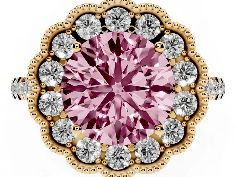 Fancy Pink Round Cut Diamond Milgrain Floral Halo Engagement Ring Set in Yellow gold with Pavé Band