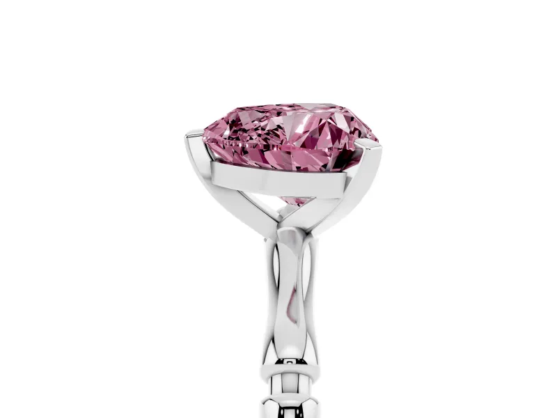 Fancy Pink Heart Cut Diamond Solitaire Ring Set in Silver with Bamboo Band and Prong Setting