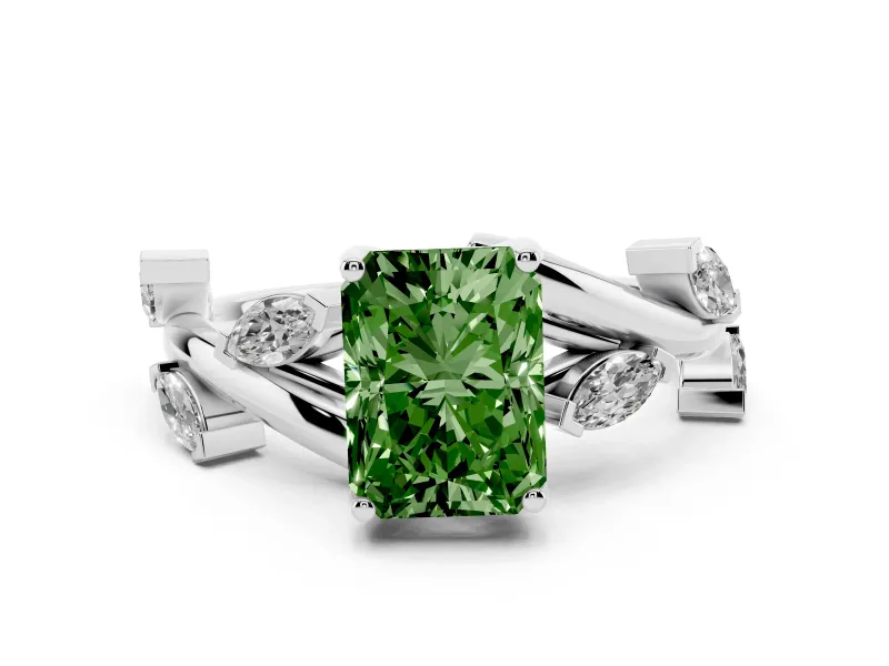 Fancy Green Radiant Cut Diamond Solitaire Ring Set in White gold with Twisted Marquise Accent Band