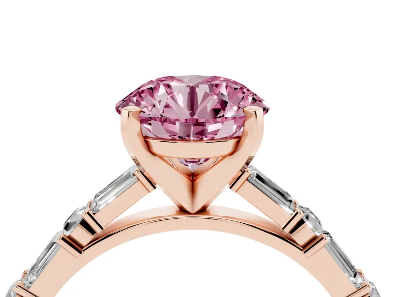 Fancy Pink Round Cut Diamond Solitaire Set in Rose gold with Side Baguettes and Channel Set Band