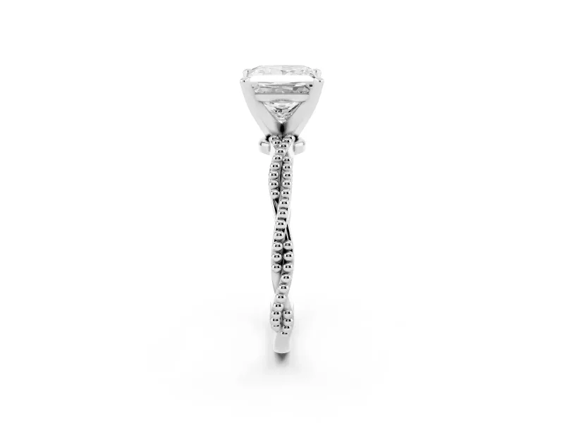 Princess Cut Diamond Solitaire Ring Set in Platinum with Twisted Band and Bead Prong Setting