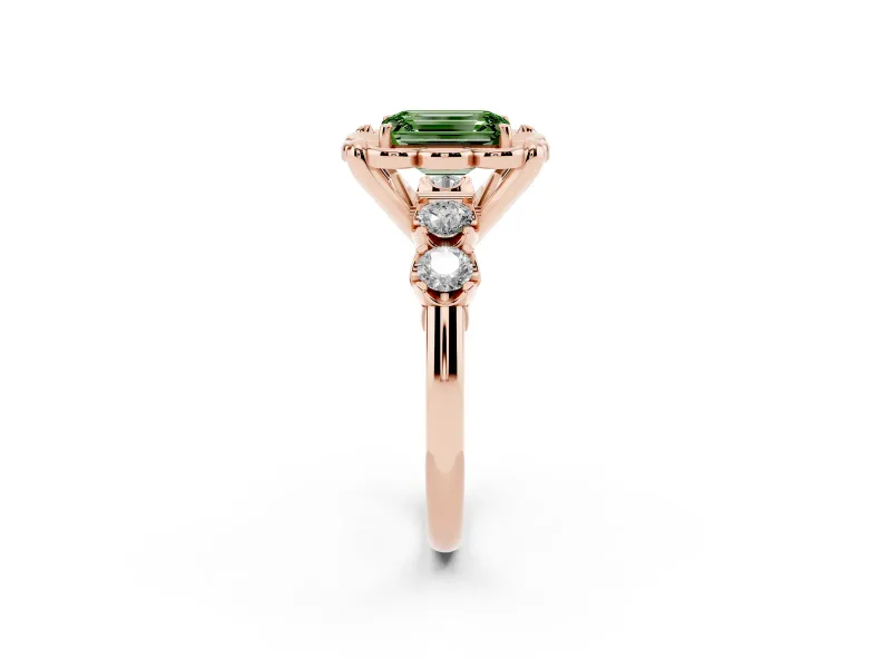 Emerald Cut Floral Engagement Ring Setting for a Fancy Green Lab-Grown Diamond | Petal Frame and Side Stones | Rose Gold