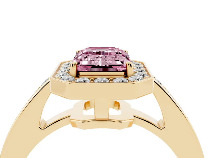Emerald Cut Framed Halo Engagement Ring Setting for a Fancy Pink Lab-Grown Diamond | Yellow Gold